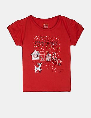Girls Red Cotton Graphic Print T-Shirt