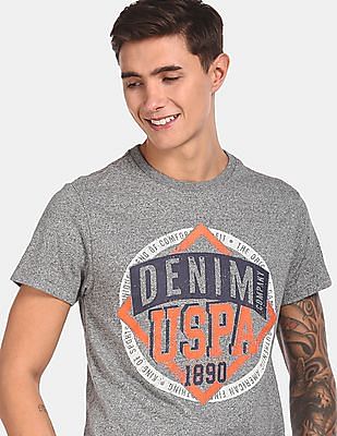 U S Polo Assn Denim Co Men Grey Brand Print Heathered T-Shirt