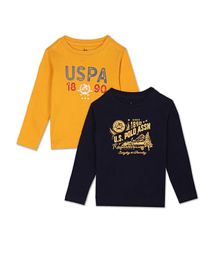 U S Polo Assn Kids Boys Yellow And Navy Brand Print T-Shirt - Pack Of 2