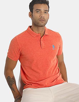 U S Polo Assn Men Orange Short Sleeve Heathered Polo Collar