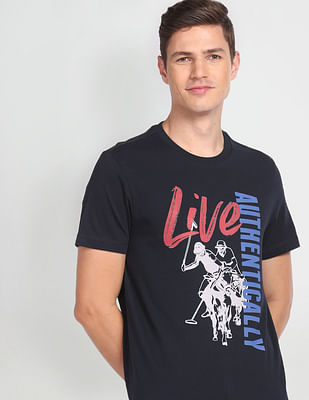 U S Polo Assn Men Navy Graphic Printed Cotton T-Shirt