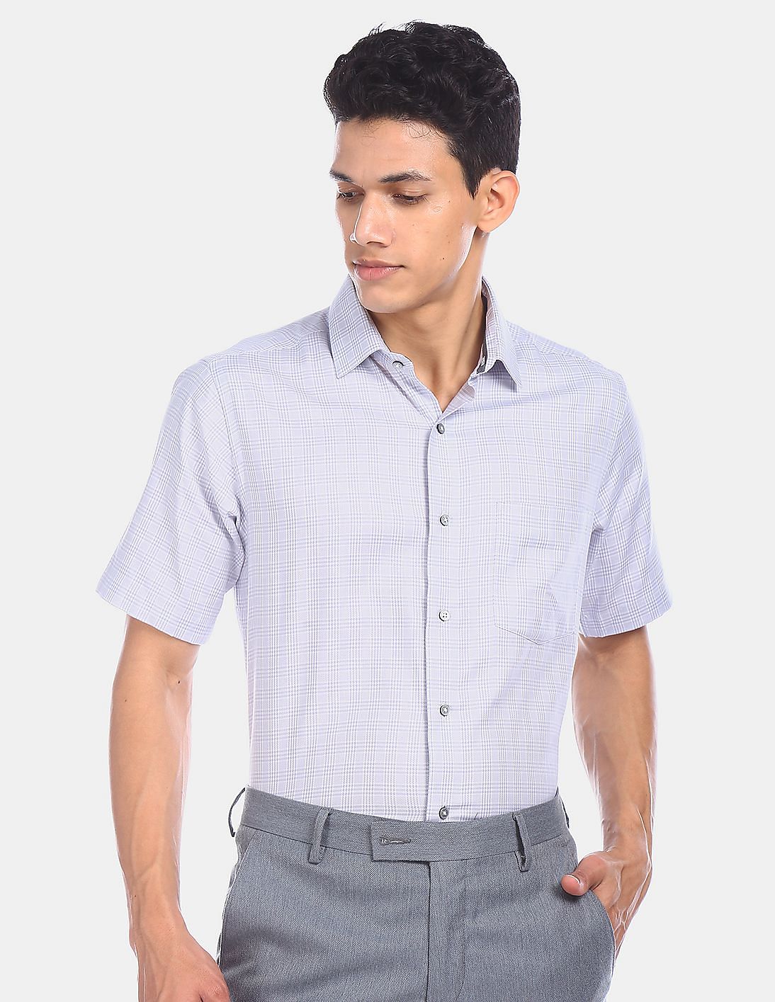 Buy Arrow Men Light Grey Short Sleeve Regular Fit Check Formal Shirt ...