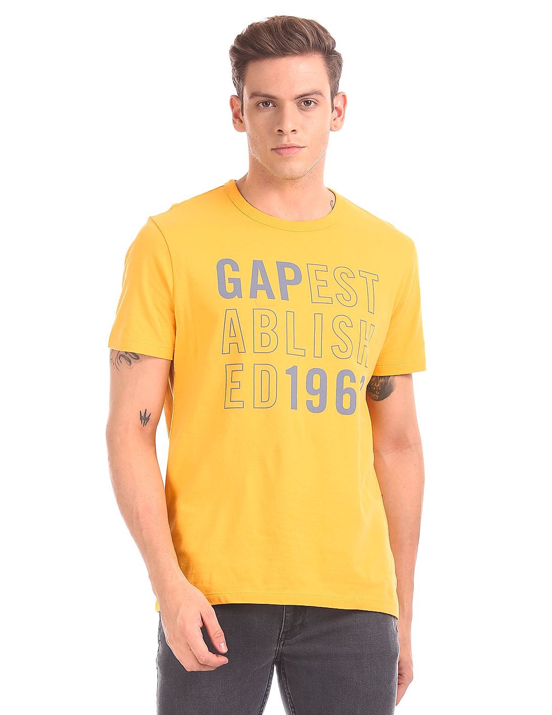 Buy GAP Men Yellow Crew Neck Cotton Jersey 1969 Logo T-Shirt