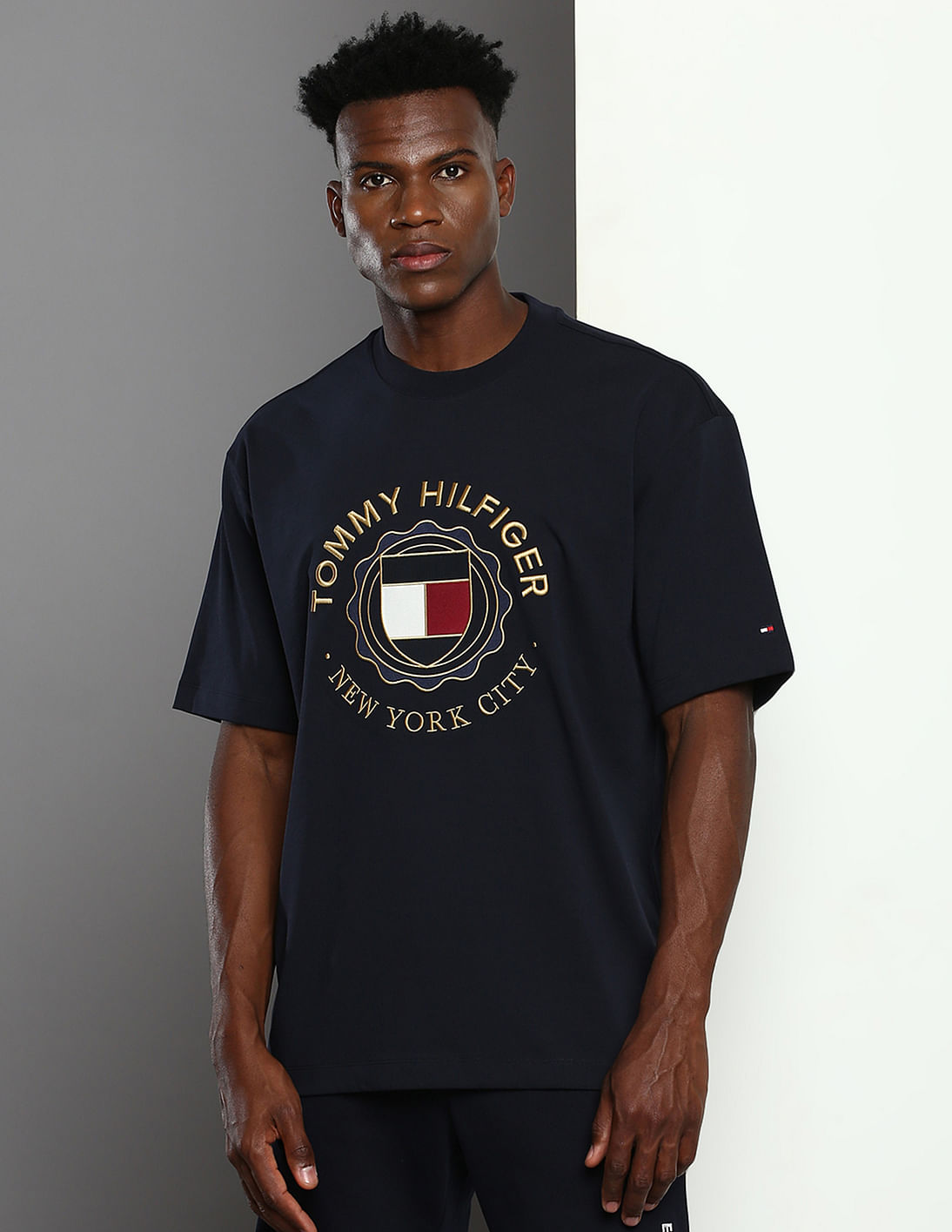 Buy Tommy Hilfiger Icon Roundall Gold Embroidered Logo Regular Fit T ...