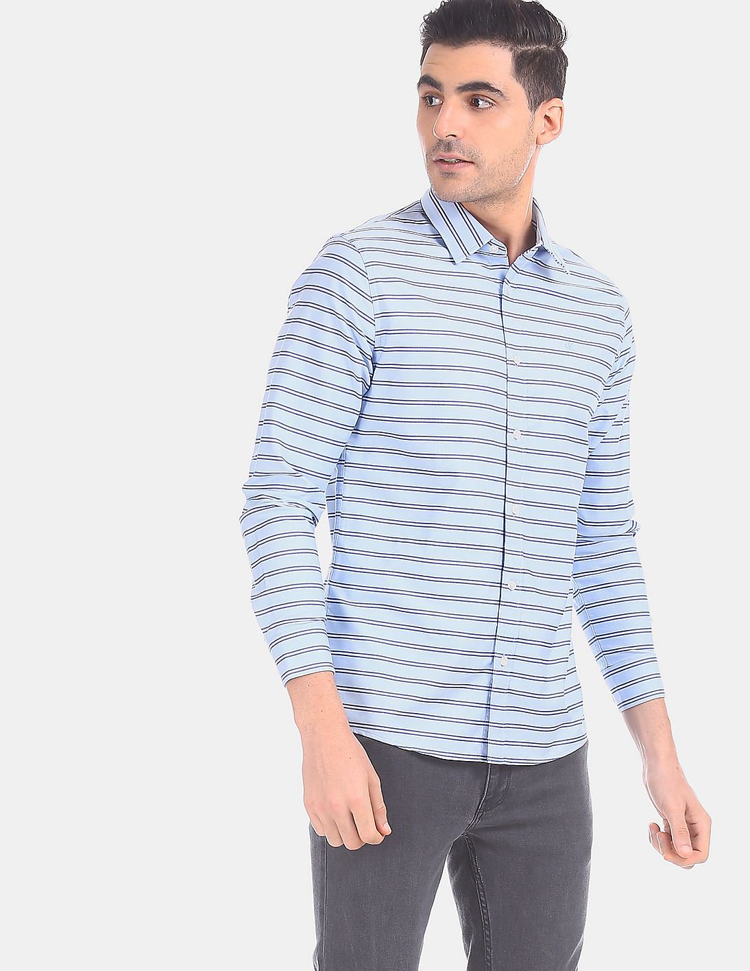 Buy Calvin Klein Men Light Blue Long Sleeve Striped Casual Shirt ...