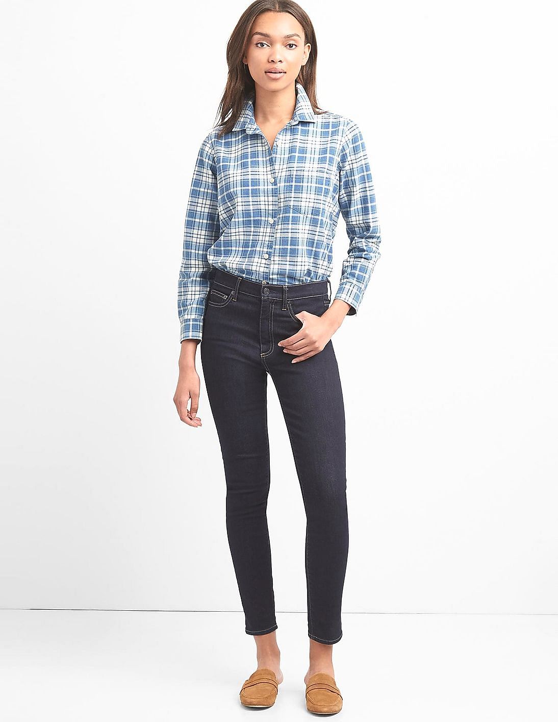 売れ筋商品|||ホワイトマーク シャツ トップス レディース Women's Flannel Plaid Shirt Light Yellow, Blue United-Plaid-Shirt-Front-View-