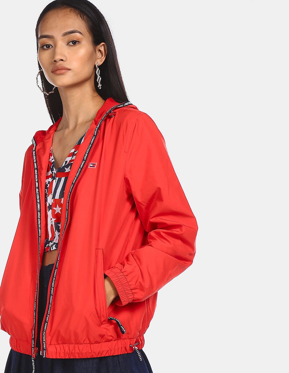 Buy Tommy Hilfiger Women Red Logo Taping Hooded Jacket - NNNOW.com