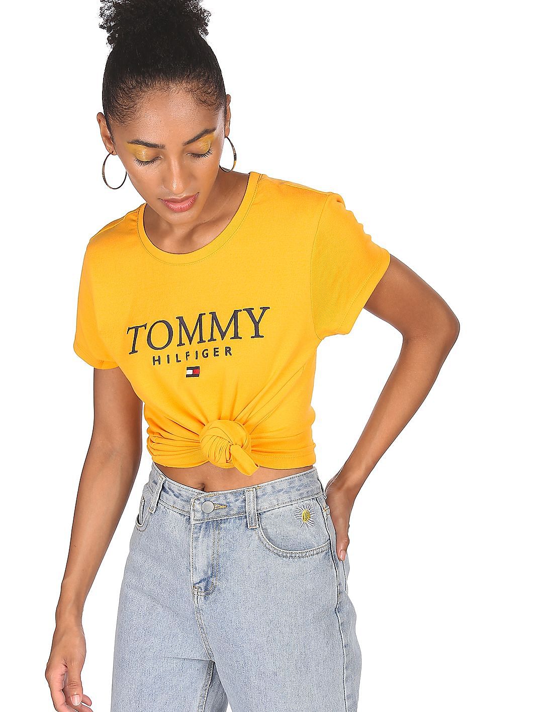 Buy Tommy Hilfiger Women Yellow Crew Neck Embroidered Logo T Shirt