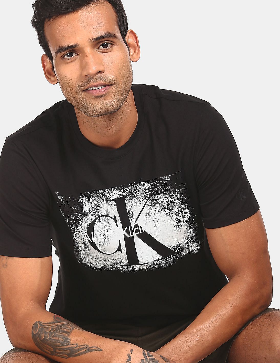 Buy Calvin Klein Men Black Slim Fit Distressed Monogram Print T-Shirt ...