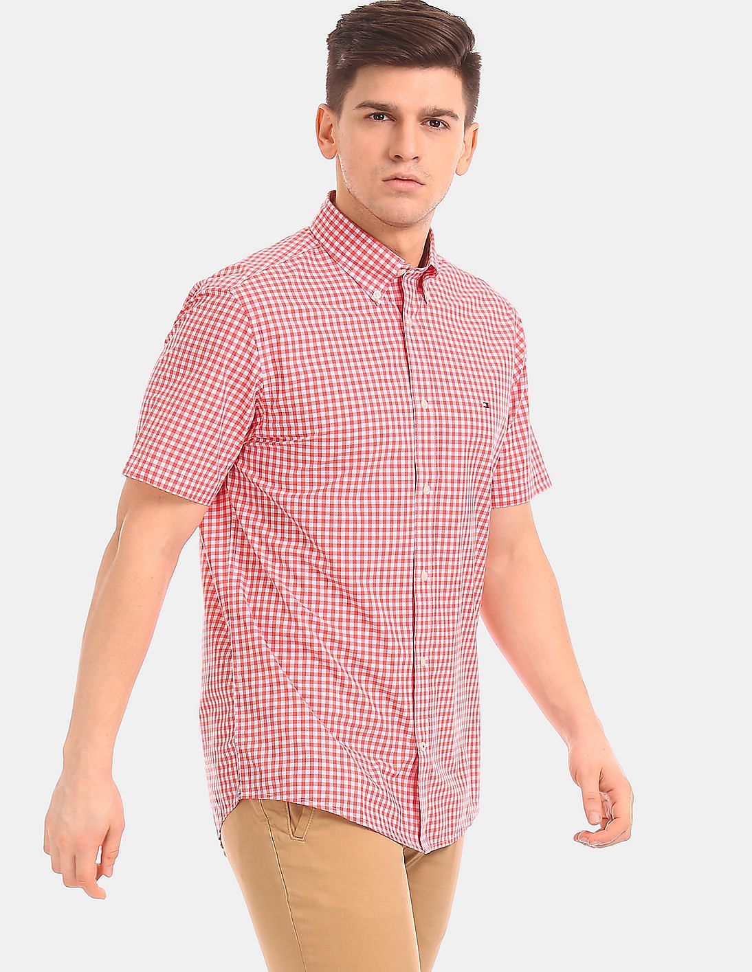 red short sleeve button down