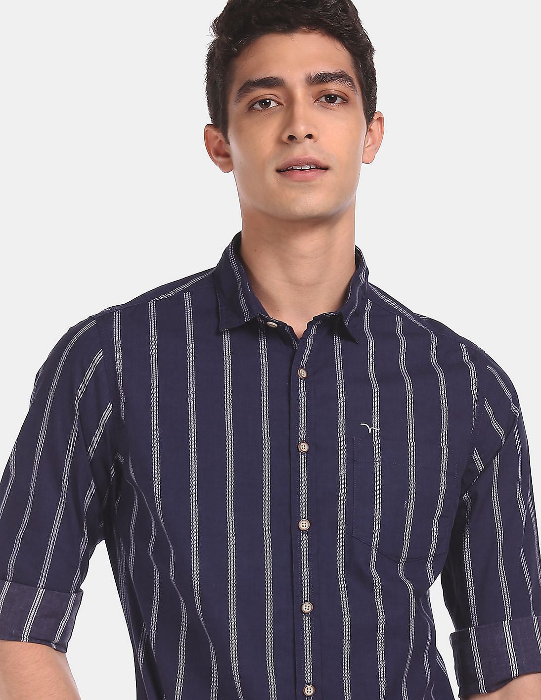 Buy Flying Machine Men Navy Spread Collar Stripe Casual Shirt - NNNOW.com