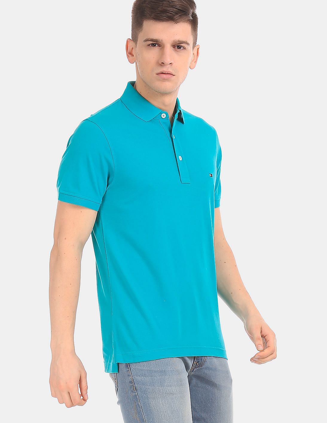 Buy Tommy Hilfiger Men Turquoise Slim Fit Cotton Stretch Polo Shirt ...