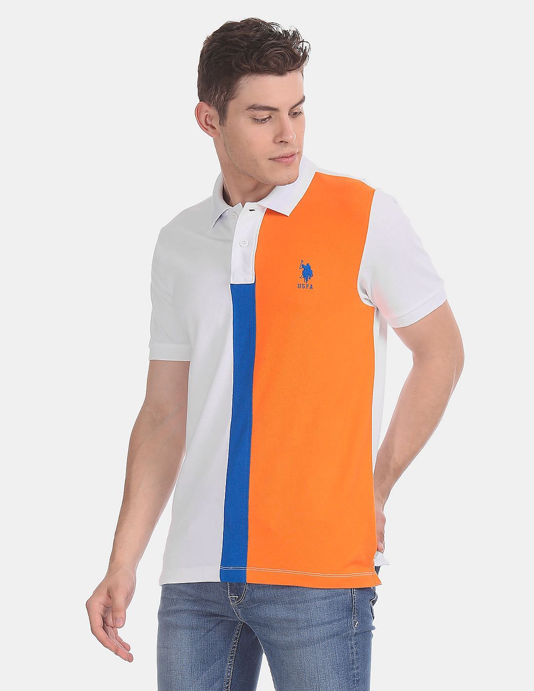 Boy's Color-Block Polo in white, oranges, navy - aka HOUSTON