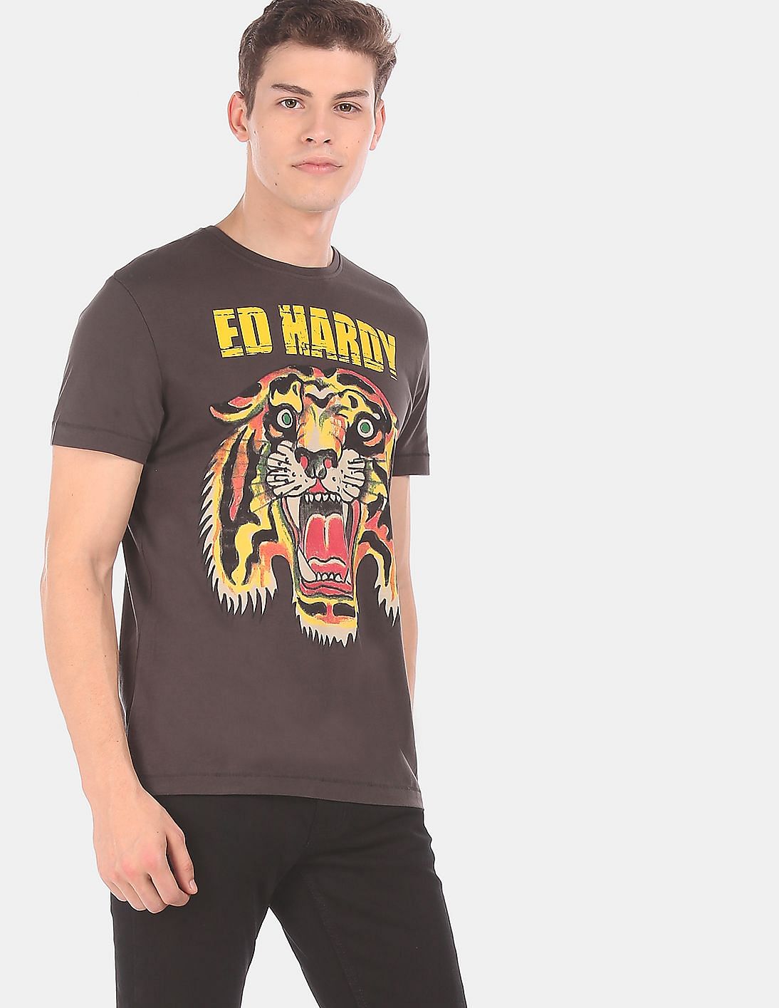 Buy Ed Hardy Men Brown Crew Neck Cotton Jersey Tiger Graphic T-Shirt ...