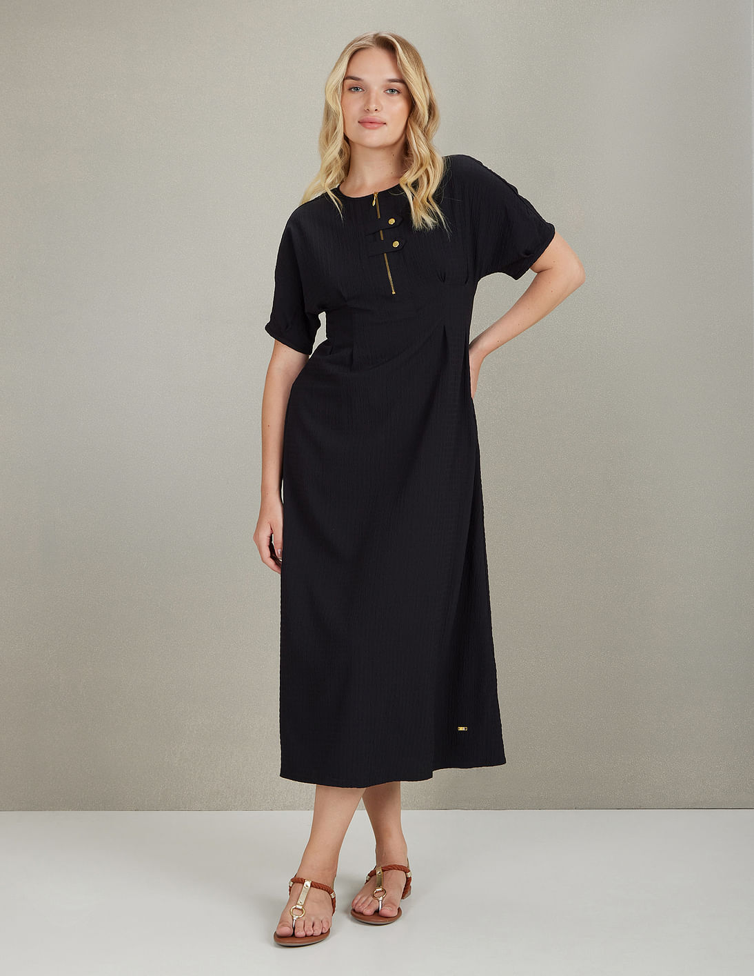 Buy U.S. Polo Assn. Women Textured Fit And Flare Midi Dress