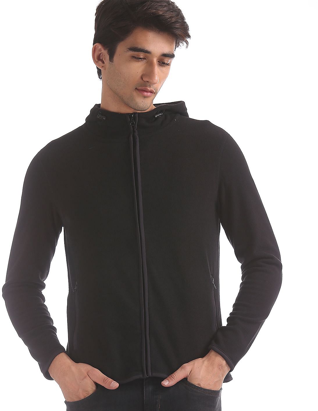 Buy Men Black Hooded Solid Jacket online at NNNOW.com