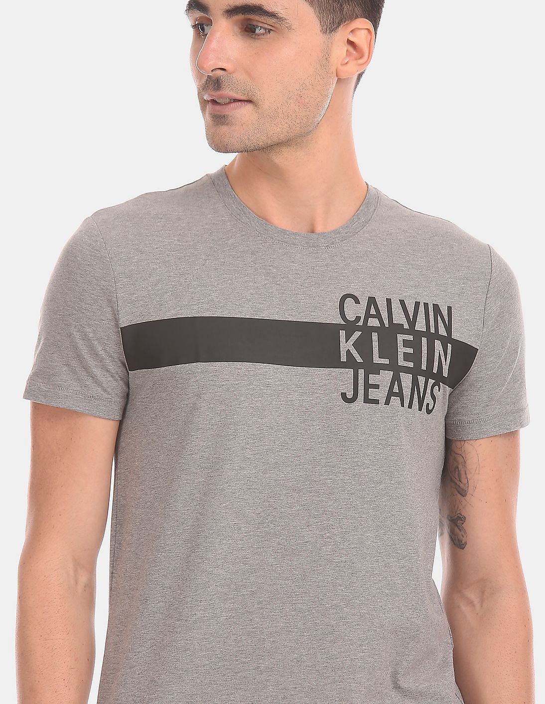Buy Calvin Klein Men Grey Logo Stripe Slim Cotton Stretch T-Shirt