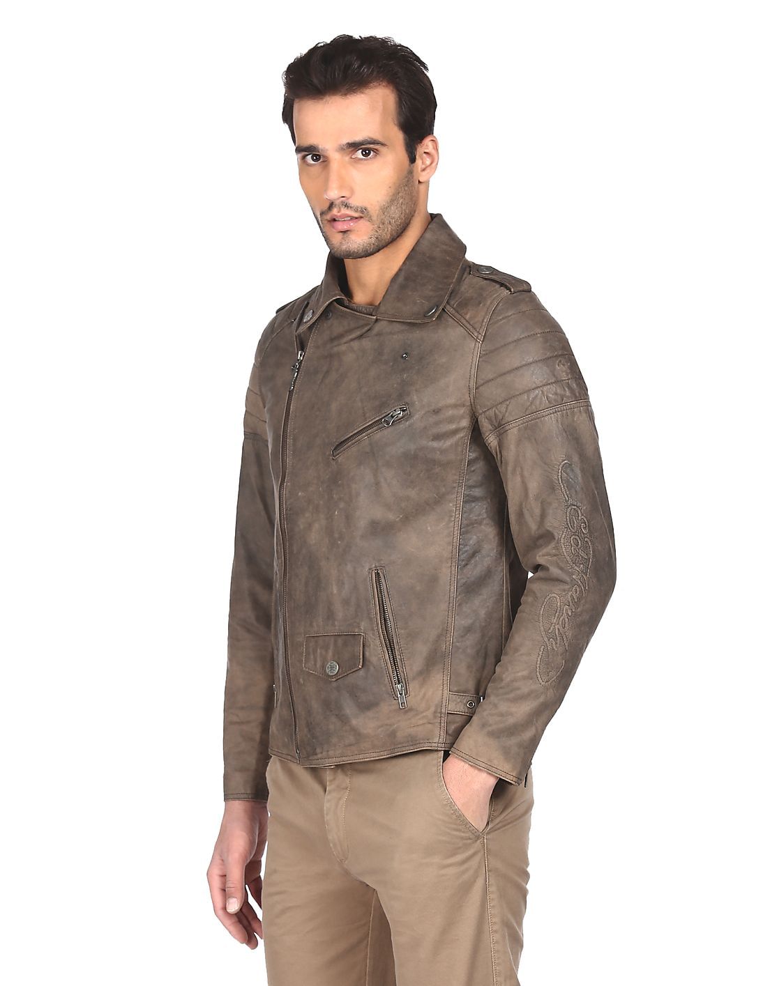 Buy Ed Hardy Men Brown Panelled Leather Biker Jacket - NNNOW.com