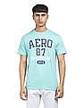 Aeropostale Men Turquoise Ribbed Crew Neck Cotton Brand Print T-Shirt