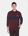 U.S. Polo Assn. Men Maroon Long Sleeve Colour Blocked Polo Shirt